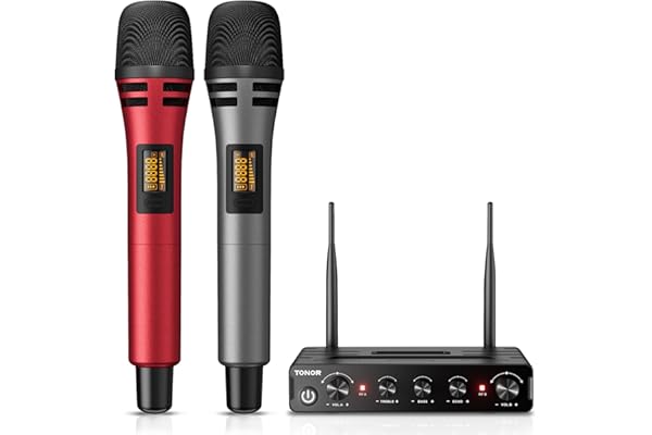 TONOR Micro Karaoke sans Fil, UHF Microphone Systèmes Dynamique Chant Portable à Main Double avec Récepteur pour Karaoké/Fête/Discours/Mariage/DJ Spectacles/Église/Conférences, 60M, Gris&Rouge,TW350