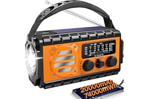 QAUYYW Radio de emergencia de 74000 mWh con clima NOAA, radio de supervivencia portátil SW/AM/FM con batería solar recargable de carga rápida, linterna, lámpara de lectura, sirena SOS para el hogar y