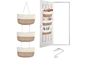 AQASH Over Door Storage Hanging Shelves, Rope Fabric Wall Hanging Organiser Detachable 3-Tier for Bedroom Bathroom Nursery Home Decoration (Grass yellow-white)