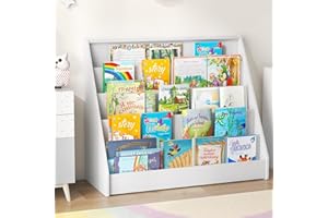 Maxmass Wooden Kids Bookshelf, Sling Children Bookcase with Deep Compartments, Toddler Book Display Rack for Kids Room Playroom Nursery Kindergarten (White, 5 Tier: 91 x 38 x 76 cm)