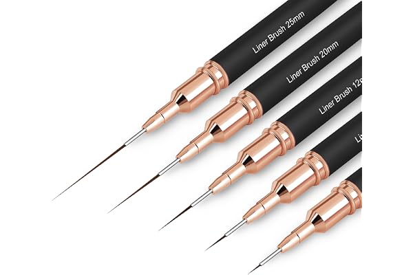 Lot de 5 pinceaux pour nail art, pinceaux de peinture, outil de dessin pour les lignes longues, détails fins, tailles de dessin fin 4/8/12/20/25 mm, noir