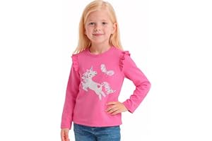 JinBei T Shirt Manches Longues Fille Coton Col Rond Tee Shirts avec Volanté Manche Confortable Haut Vetement Licorne et Lapin Motifs Chemise Tops Enfants pour École Loisirs Rose, 2-3 Ans