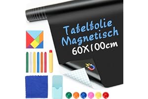 SHMSHNG Film tableau magnétique autocollant 60 x 100 cm - Film effaçable à la craie - Avec 6 boutons magnétiques + 1 porte-stylo + 1 Tangram + 1 protection à la craie + 1 serviette