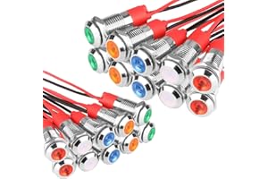 Aicharynic 20 Stück Kontrollleuchte, 6mm LED Kontrollleuchte 12V Metall Kontrollleuchte mit Draht, Signalleuchte Wasserdichte Signallampe (Rot Weiß Gelb Grün und Blau je 4 Stück)