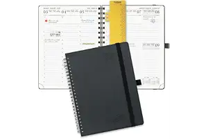 POPRUN Agenda 2026 2027 Semana Vista, Espiral, Medio 22,5 x 16,5 cm | Tapa Blanda, 17 Meses, Ago.2026 a Dic.2027, 1 Semana 2 Páginas, Banda Elástica, Papel 80 GSM, escolar, Negro