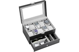 ProCase Caja Relojes con 10 Compartimentos y 1 Cajón, Estuche Relojero Organizador de Cuero PU Exterior y Terciopelo Interior Ideal para Relojes Gafas de Sol Joyas Brazaletes Collares Anillos -Negro