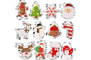 Keepaty Lot de 12 emporte-pièces de Noël en acier inoxydable Bonhomme de pain d'épices, arbre de Noël, Père Noël, bonhomme de neige, renne, flocon de neige, canne à sucre et plus encore pour biscuits