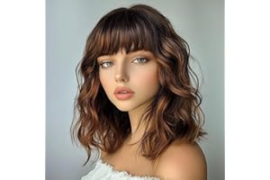 ‎SIMKAYLEE SIMKAYLEE Welle Lang braune Perücke Damen Halblang mit Blonden Strähnen und Dunklem Ansatz Locken Perrücke Hellbraun Mittellang Blond Mix für Frauen mit Pony für Alltag Party und Karneval (40 cm)