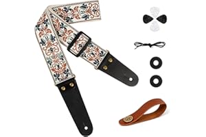 Aucuu Sangle Guitare, Sangle en Jacquard avec Extrémités en Cuir, Sangles de Guitare pour Guitare Réglable, Brodé Jacquard Styles Vintage en Vedette,pour Sangles Guitare Acoustique/Électrique ou Basse