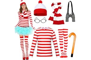 Cefunis Wally Costume Set for Adult Kids, Red and White Striped Accessories Set Wally Character Cosplay Costume Book Week Fancy Dress with T-shirt Beanie Hat Glasses Scarf for World Book Day Dress Up