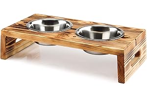 DECORATIVO Katzen Futterstation, Futterstation Hund - Geschenk für Ihr Haustier. Erhöhter Futternapf Hund und Katze Futternapf, Dog Bowl, Cat Bowl mit Ständer. (Mittlere Größe, Gebranntem Kiefernholz)