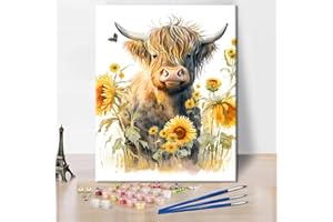 TISHIRON Highland Cow DIY Paint by Numbers for Adults Beginners Kits Minimalist Sunflower Flower Oil Painting Women Picture Canvas Acrylic Pigment Arts Craft for Home Wall Decor 16x20 Inch
