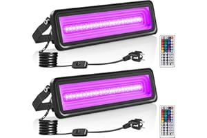 PAPASBOX Partido de la luz ultravioleta del emisor de luz negra de 50W | Bañador de pared RGB con interruptor enchufable Estanco IP65 | LED Lámpara luces de fiesta disco discoteca con control remoto (2 pcs)