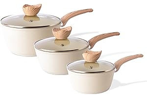 Non Stick Saucepan Set – Induction Saucepan with Lid – 3pcs Cream Granite Sauce Pan – 16cm, 18cm, 20cm Saucepot Set – by Nuovva