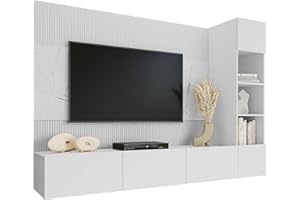 Mirjan24 Parete da parete Deromi, con pannelli da parete e pannello TV, pannelli acustici, armadio, parete multimediale, TV (marmo bianco + bianco, 1 mensola sospesa)