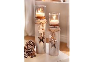 ‎DEKOLEIDENSCHAFT Dekoleidenschaft 2X Windlichtsäule Stern aus Holz & Glas, 30 + 35 cm hoch, im Shabby Look, Teelichthalter, Adventsdeko, Holzsäule mit Kerzenglas, Weiß