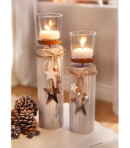 Lot De 4 Photophores En Bois De Manguier - Bougeoirs Votifs Rustiques Avec Bougies | Décoration Maison