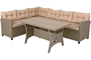 Casaria® Polyrattan Ecklounge Set WPC Esstisch Ecksofa inkl. 7cm Sitzauflagen 15cm Kissen Wetterfest Outdoor Lounge Garten Terrasse Balkon Möbel Beige