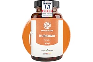 Pure Nature Kurkuma Kapseln Komplex HOCHDOSIERT [1 Kps/Tag I 12.000mg Curcuma] - Curcuma Kapseln hochdosiert mit Vitamin C & Piperin - 90 Kurkuma Kapseln - Hergestellt in DE