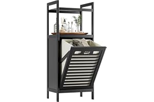 HITNET Tilt Out Laundry Hamper, Bamboo Bathroom Cabinet with Pull Out Removable Bag and 2 Tier Storage Shelves, 32L Clothes Basket with Metal Handle, Black