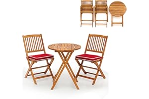 KOMFOTTEU Salon de Jardin en Bois d'acacia pour 2 Personnes, Ensemble de Meubles de Jardin, 1 Table & 2 Chaises, Ensemble Pliable de Bistrot pour Balcon, 3 pièces (Coussins Rouges)