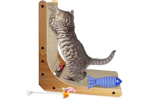 BIBOKLTIY Griffoir pour Chat Canapé en Forme de L, Grattoir Chat Carton avec Boule de Cloche Poisson à la Menthe et Souris avec Ressort, Griffoir Mural Chat, Planche Grattoir Chat (47,5x42x26,5cm)
