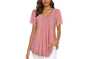 ACDAY Womens Blouses V Neck Ladies Tops Petal Short Sleeve Chiffon Tops Double Layers Mesh Tunic Tops Casual Shirts