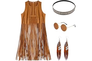 Lalieffacely Chaleco Hippie Mujer, 60s 70s Disfraz Carnaval Bohemio Disfraz Hippie Mujer con flecos con Gafas de Sol Pendientes Diademas para Discoteca Fiesta Temática Disfraces Carnaval