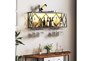 COSTWAY Vinställ vägg med LED-belysning, 2 nivåer flaskhylla trä med metallram, med 6 rader vinglashållare, industriell desig