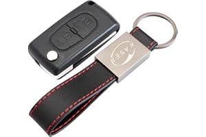 KASER Coque Clé Télécommande Plip 2 Boutons pour Peugeot 107 207 307 407 308 409 407 607 avec Porte-Clés en Cuir
