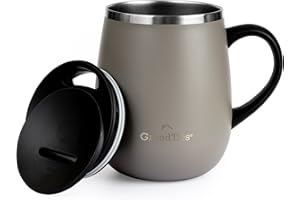 GRANDTIES Insulated Coffee Mug with Handle- Sliding Lid for Splash-Proof 16 oz Wine-Glass Shape Thermal Tumbler with Double Walled Vacuum Stainless Steel to Keeps Beverages Hot or Cold-Caffe Latte