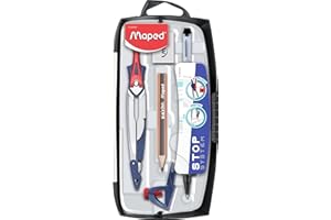 Maped - Material Escolar - Stop System Caja 7 Piezas - Compás Escolar - Incluye Abrazadera Universal, Portaminas, Afilaminas, Estuche de Minas, Mini Lápiz y Goma - Sistema de Bloqueo de Brazos