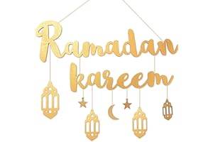 BETESSIN Ramadan Kareem Scritta Ornamenti in Legno Decorazione Hanging Eid Mubarak Lettere con Ciondolo da Appendere a Parete Ghirlanda Stella Luna Addobbi per Festa Musulmana Islam (Oro)