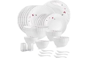Cello Opalware Dazzle Series Lush Fiesta Dinner Set, 35 Units Opal Glass Dinner Set for 6 Light-Weight, Daily Use Crockery Set for Dining White Plate and Bowl Set