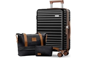 SHOWKOO Valise de Voyage Rigide Extensible Légère Durable Polycarbonate 75 cm Grande Taille Bagages à 4 roulettes Pivotantes avec 1 Sac de Voyage et 1 Trousse de Toilette, XL- Noir Élégant