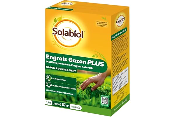 SOLABIOL Engrais Gazon Plus - 3,5 kg - Granulés - Jusqu'à 87m² - Nutrition Longue Durée - Gazon Dense & Vert - Action Rapide - Utilisable En Agriculture Biologique SOGAZPLUS35
