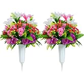 SIFOEL Artificial Cemetery Memorial Flowers, Artificial Rose Lily Cemetery Flowers, Cemetery Tombstone Decorative Vases 2 Set