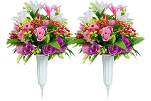 SIFOEL Fleurs de cimetière artificielles, Fleurs commémoratives de cimetière de lys Roses artificielles, vases pour la décoration de Pierre tombale de cimetière, Set de 2 (1)
