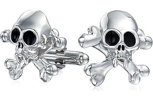 BLING JEWELRY Goth Punk Biker Joyería Caribe Pirata Cráneo Crossbones Gemelos Para Hombres Adolescentes Camisa Gemelo Plata Tono Acero Inoxidable Bala Bisagra Volver