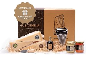 GUSTOEMILIA Gourmet Presentkorg Ost, Honung och Balsamvinäger - Lagrad Parmigiano Reggiano (3 x 1 kg), Honung (2 x 250 g) och