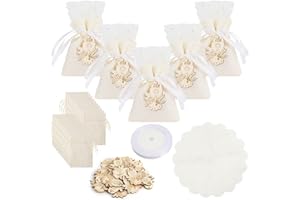NAEBRO 30pcs Bolsas De Tela PequeñAs 8x10cm Bolsas De Regalo Con CáLiz De Madera y Cinta De Organza Para Bautizo Primera ComunióN Nacimiento Boda Regalos, Beige