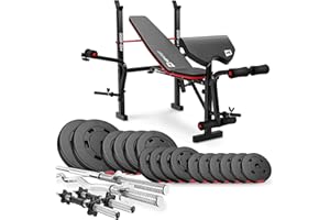 HS HOP-SPORT HOP-SPORT® Set d'haltères 38-129,5 kg, Banc de Musculation Pliable Multifonction HS-1055, Pupitre de Curl, Papillon, Presse à jambes, Ensemble de disques de poids en plastique 31 mm, Barres d'haltères