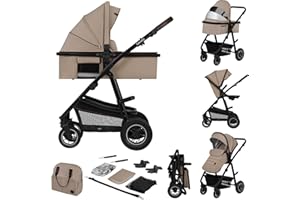 Lionelo Amber Kinderwagen 2 in 1 Kombikinderwagen, Kinderwagen Set mit sportlichen Sitz und fester Babywanne, Tasche, Moskitonetz, Abdeckung Regenblatt (Beige Sand)