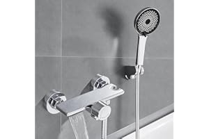 Auralum Grifo Bañera Monomando Latón Efecto Cascada con Alcachofa de Ducha 5 modos y Flexo Ducha de Acero Inoxidable 1.5m pare Bañera y Baño, Chrom