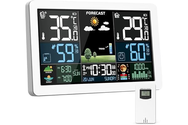 Estación Meteorológica Interior y Exterior con Pantalla a Color, Pronóstico del Tiempo, Temperatura, Humedad, Despertador LCD con Función de Repetición y Presión del Aire