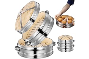 COMEBACHOME Bamboua à vapeur, 2 niveaux de vapeur de bouletage de 20 cm avec couvercle et poignée, panier de vapeur en bambou chinois réutilisable pour la cuisson des dim sum, des petits pains, des boulettes