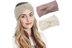 Fashband - Fasce per capelli invernali in maglia, adatte come scaldaorecchie, beige, elastiche, ritorte, grosse, per donne e ragazze (confezione da 2)