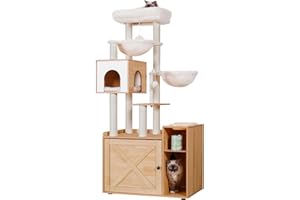 Hey-Brother Arbre pour Chats avec Bac à Aable pour Chats, Arbre à Chat de Style Moderne, Equipé d'une Grande Plateforme, d'un Plateau d'alimentation et de Deux Hamacs, Noyer EMPJ115WB