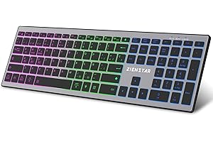 Zienstar-Teclado Bluetooth Inalámbrico con 7 Colores Retroiluminados,Ultra Delgado de Tamaño Completo,3 Modos (BT5.0, BT3.0 y USB 2.4GHz),Multidispositivo,Recargable,Letra Española -Gris Negro