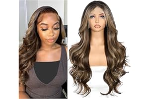 ‎SAPPHIREWIGS Sapphirewigs Braun Lace Front Perücke 13x4 Synthetische Körper Welle Ombre Braun Balayage Perücken Damen Party Date Tägliche Tragen Natürlich Aussehen Weihnachten 26inch